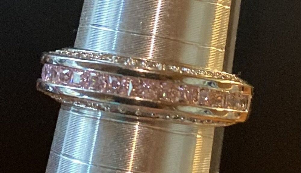 10K Gold Filled Pink Stone Eternity Band Ring Size 8.75 Yellow Gold Tone Sparkle
